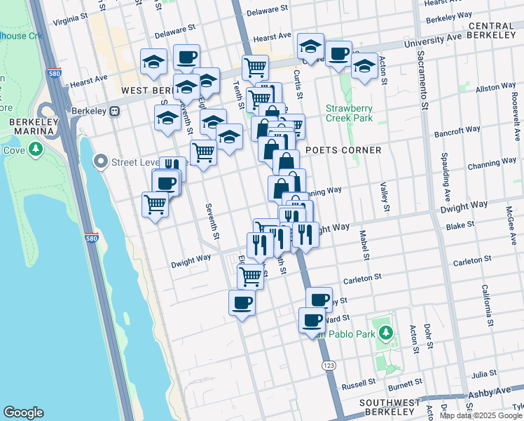 map of restaurants, bars, coffee shops, grocery stores, and more near 2406 Tenth Street in Berkeley