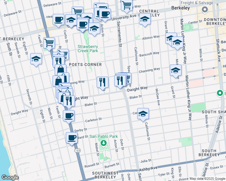 map of restaurants, bars, coffee shops, grocery stores, and more near 1431 Dwight Way in Berkeley