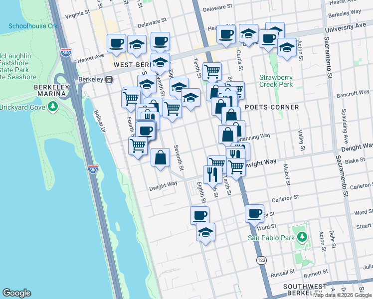 map of restaurants, bars, coffee shops, grocery stores, and more near 917 Channing Way in Berkeley