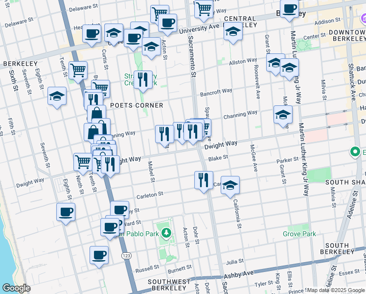 map of restaurants, bars, coffee shops, grocery stores, and more near 1433 Dwight Way in Berkeley