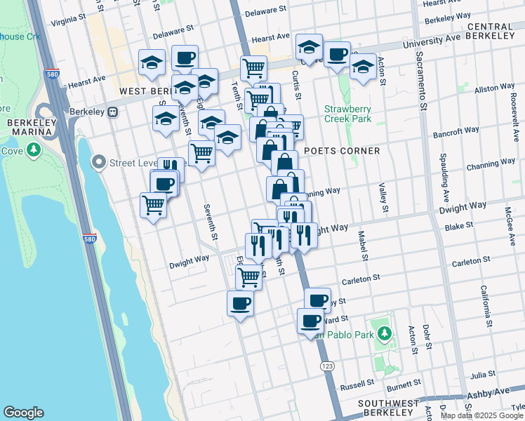 map of restaurants, bars, coffee shops, grocery stores, and more near 2406 Tenth Street in Berkeley