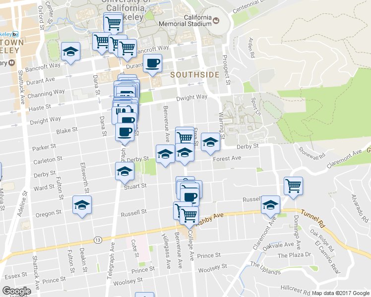 map of restaurants, bars, coffee shops, grocery stores, and more near 2626 Etna Street in Berkeley
