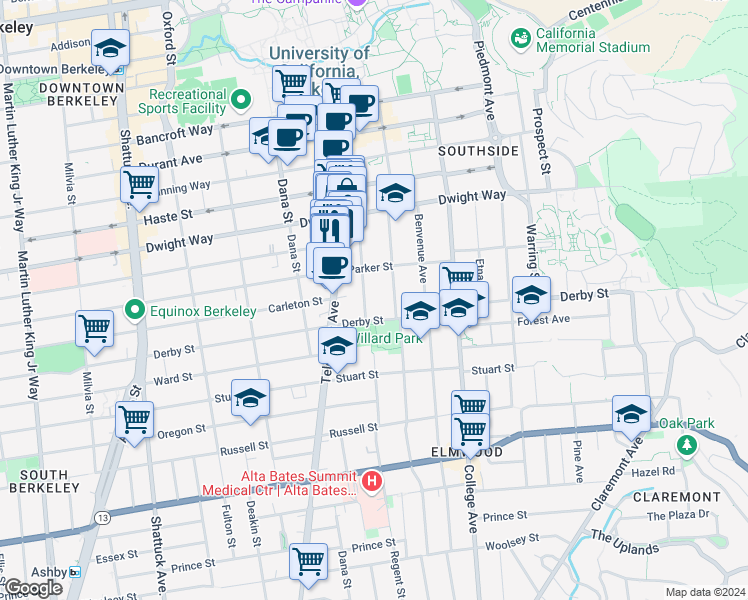 map of restaurants, bars, coffee shops, grocery stores, and more near 2607 Regent Street in Berkeley