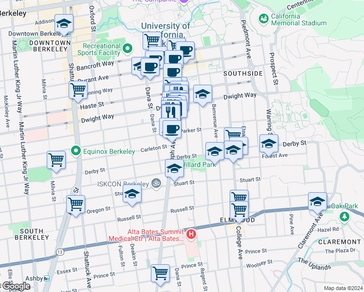 map of restaurants, bars, coffee shops, grocery stores, and more near 2607 Regent Street in Berkeley