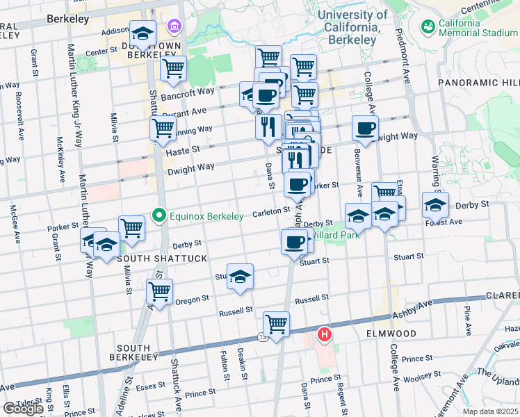 map of restaurants, bars, coffee shops, grocery stores, and more near 2400 Parker Street in Berkeley