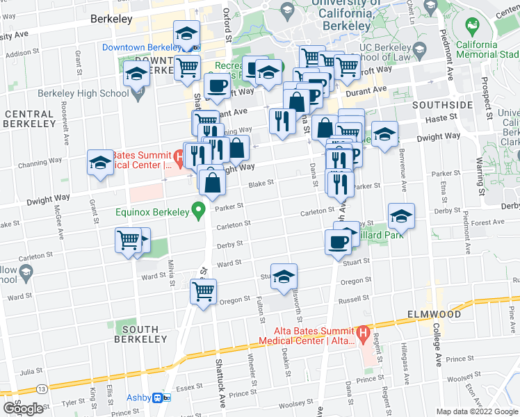 map of restaurants, bars, coffee shops, grocery stores, and more near 2233 Parker Street in Berkeley