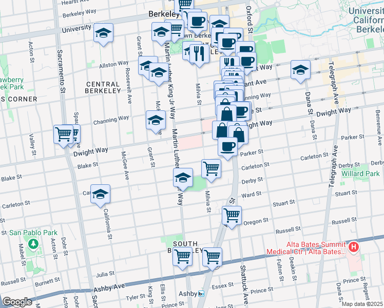 map of restaurants, bars, coffee shops, grocery stores, and more near 2500 Milvia Street in Berkeley