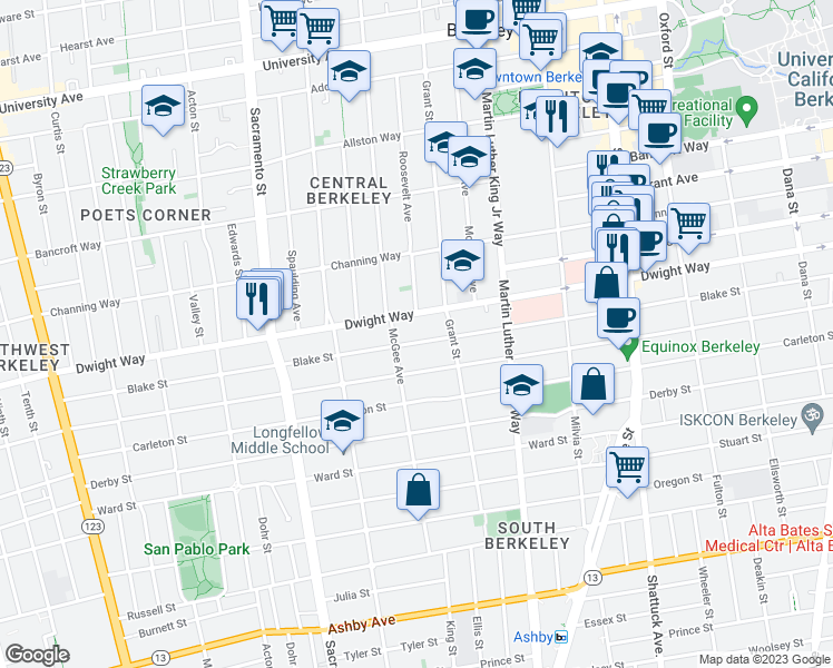map of restaurants, bars, coffee shops, grocery stores, and more near 2446 Roosevelt Avenue in Berkeley
