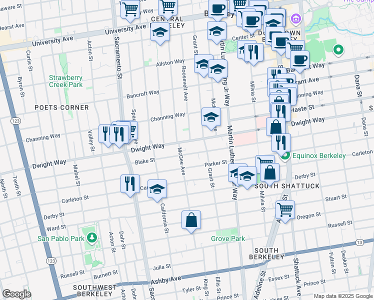 map of restaurants, bars, coffee shops, grocery stores, and more near 2446 Roosevelt Avenue in Berkeley