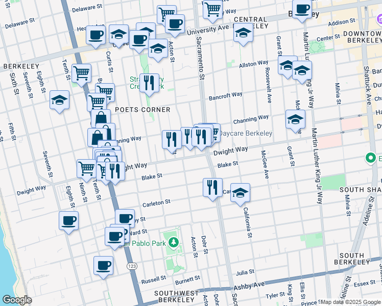map of restaurants, bars, coffee shops, grocery stores, and more near 2419 Acton Street in Berkeley
