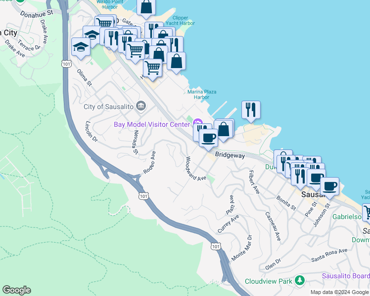 map of restaurants, bars, coffee shops, grocery stores, and more near 243 Woodward Avenue in Sausalito