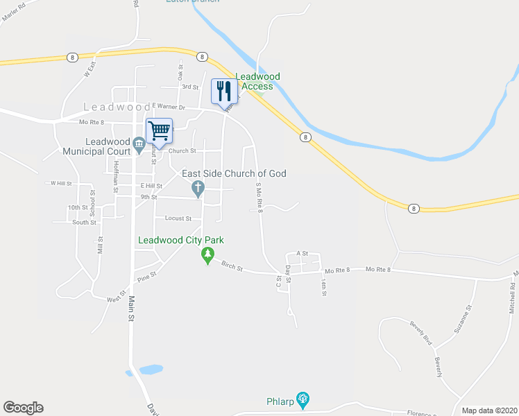 map of restaurants, bars, coffee shops, grocery stores, and more near 925 South Mo Route 8 in Leadwood
