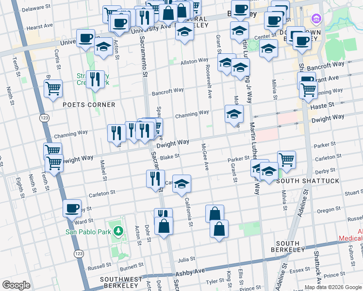 map of restaurants, bars, coffee shops, grocery stores, and more near 1604 Dwight Way in Berkeley