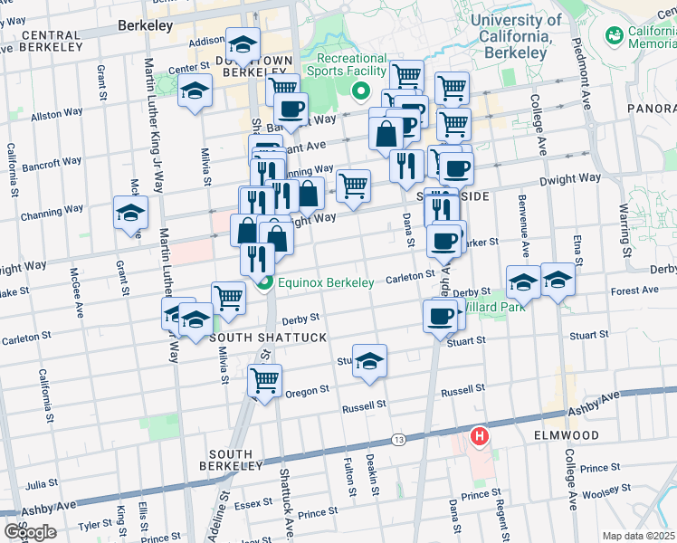 map of restaurants, bars, coffee shops, grocery stores, and more near 2218 Parker Street in Berkeley