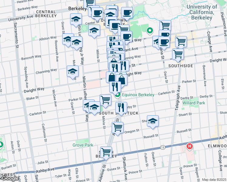 map of restaurants, bars, coffee shops, grocery stores, and more near 2037 Parker Street in Berkeley