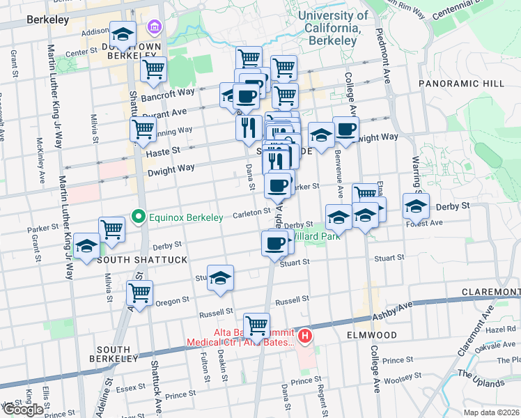 map of restaurants, bars, coffee shops, grocery stores, and more near 2401 Carleton Street in Berkeley