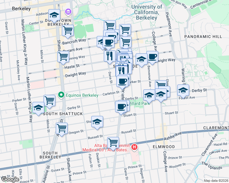 map of restaurants, bars, coffee shops, grocery stores, and more near 2401 Carleton Street in Berkeley