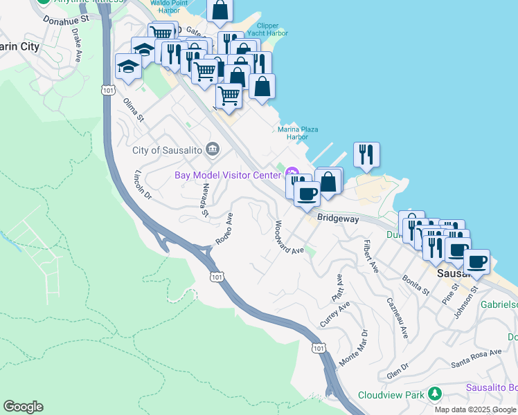 map of restaurants, bars, coffee shops, grocery stores, and more near 45 Rodeo Avenue in Sausalito