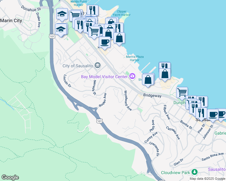 map of restaurants, bars, coffee shops, grocery stores, and more near 55 Rodeo Avenue in Sausalito