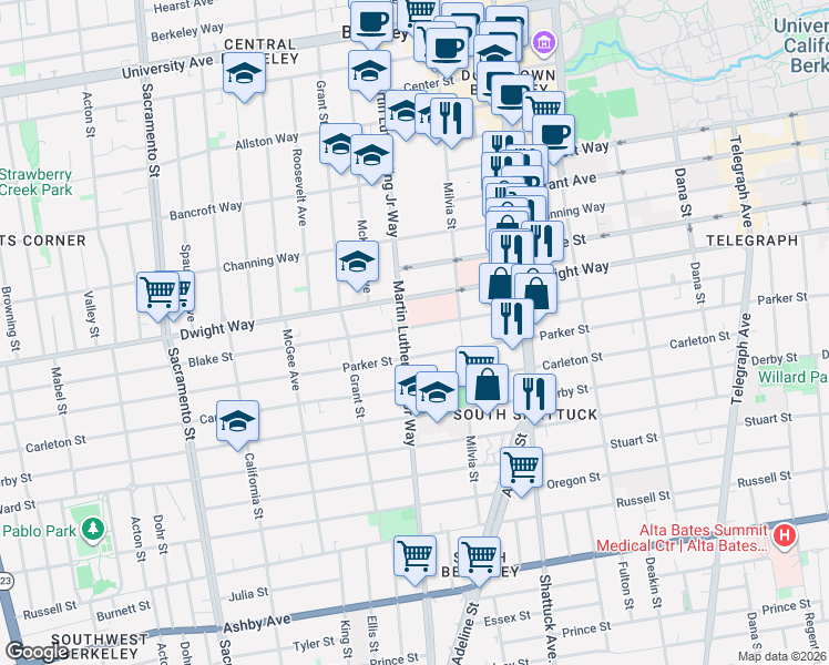 map of restaurants, bars, coffee shops, grocery stores, and more near 1908 Blake Street in Berkeley