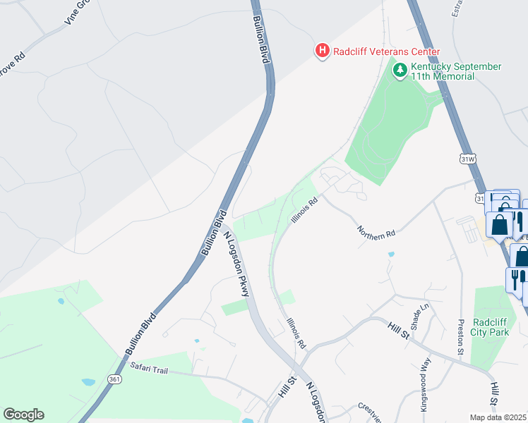 map of restaurants, bars, coffee shops, grocery stores, and more near 500 Innovation Way in Radcliff