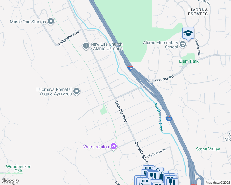 map of restaurants, bars, coffee shops, grocery stores, and more near 2658 Danville Boulevard in Alamo