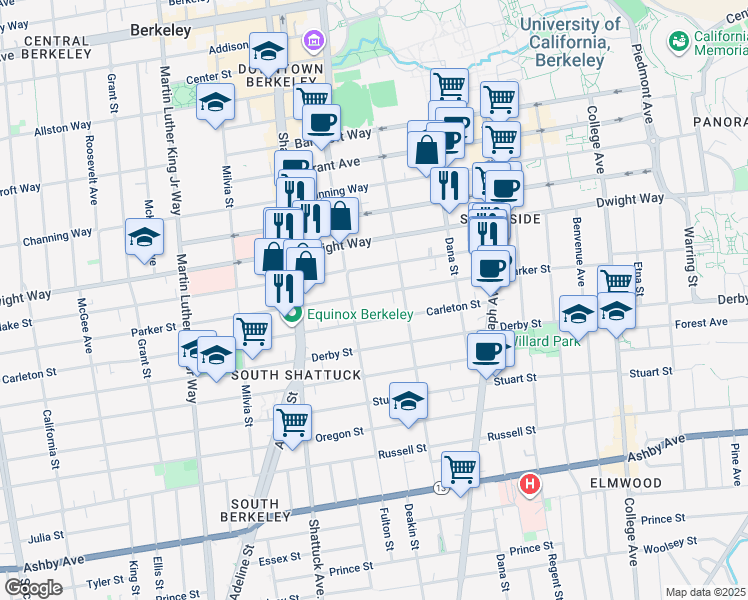 map of restaurants, bars, coffee shops, grocery stores, and more near 2218 Parker Street in Berkeley