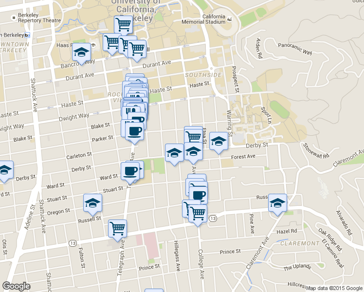 map of restaurants, bars, coffee shops, grocery stores, and more near 2617 Benvenue Avenue in Berkeley