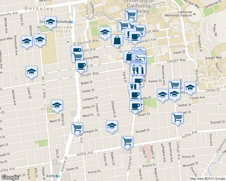 map of restaurants, bars, coffee shops, grocery stores, and more near 2315 Parker Street in Berkeley