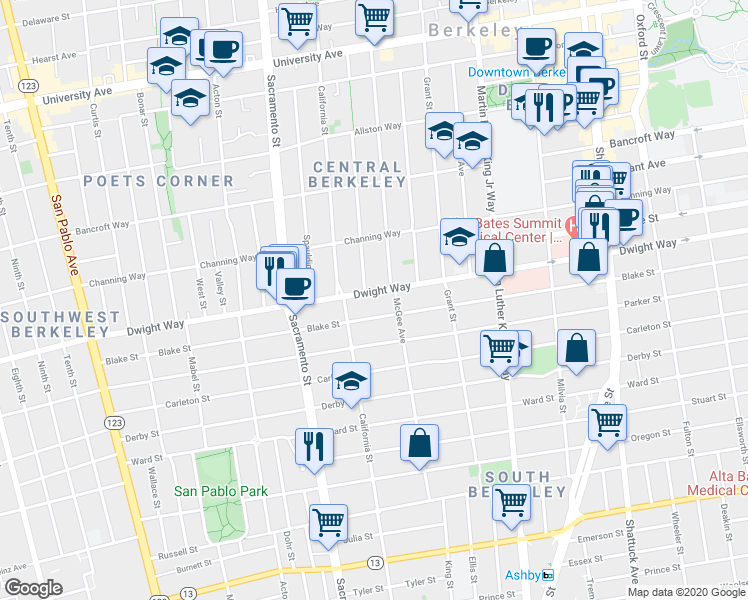 map of restaurants, bars, coffee shops, grocery stores, and more near 1639 Dwight Way in Berkeley