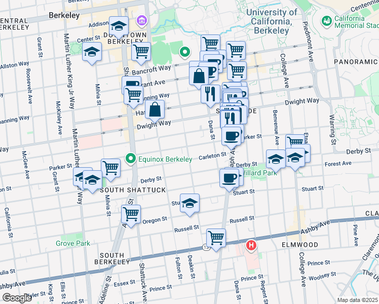 map of restaurants, bars, coffee shops, grocery stores, and more near 2607 Ellsworth Street in Berkeley