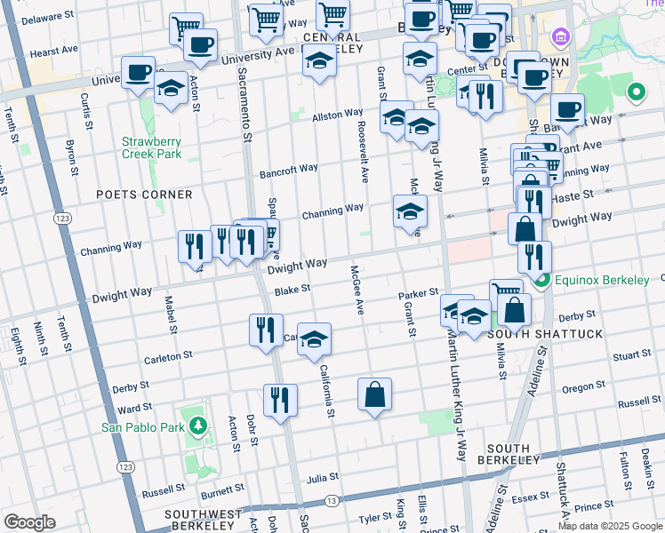 map of restaurants, bars, coffee shops, grocery stores, and more near 1654 Dwight Way in Berkeley