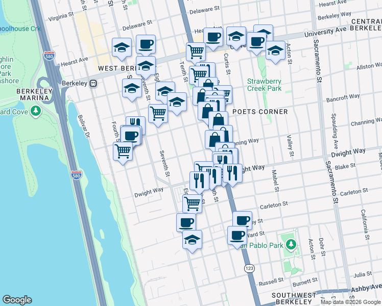 map of restaurants, bars, coffee shops, grocery stores, and more near Channing Way & 9th Street in Berkeley