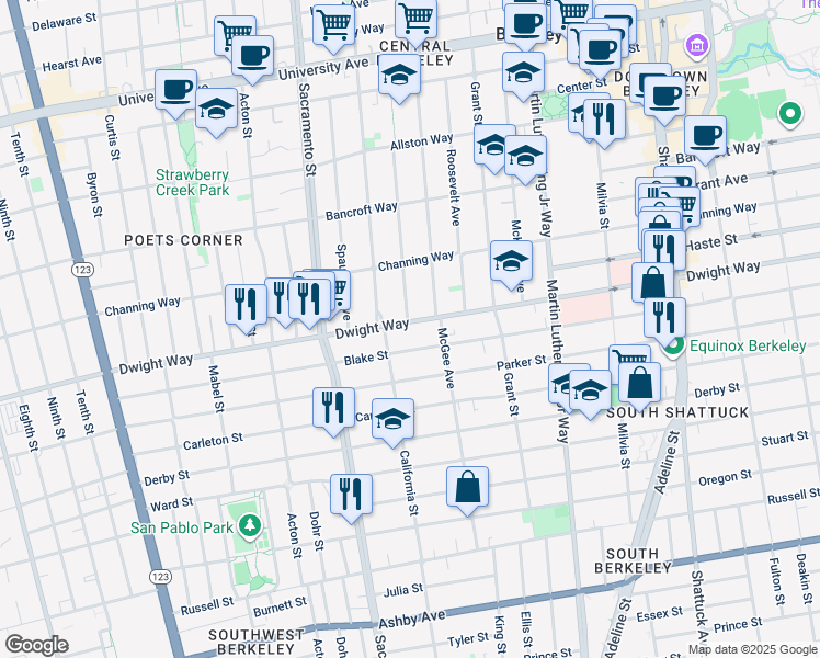 map of restaurants, bars, coffee shops, grocery stores, and more near 1639 Dwight Way in Berkeley