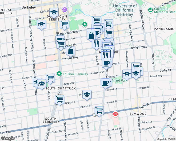 map of restaurants, bars, coffee shops, grocery stores, and more near 2315 Parker Street in Berkeley