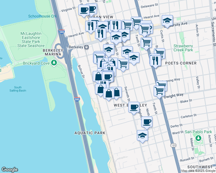 map of restaurants, bars, coffee shops, grocery stores, and more near 2322 Fifth Street in Berkeley