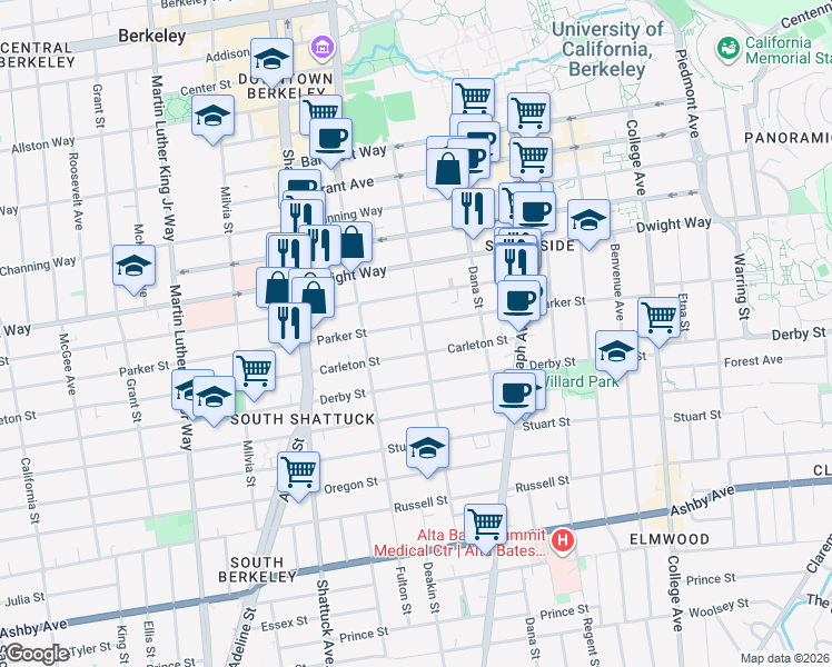 map of restaurants, bars, coffee shops, grocery stores, and more near 2233 Parker Street in Berkeley