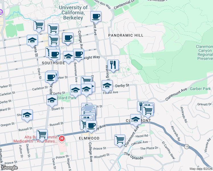 map of restaurants, bars, coffee shops, grocery stores, and more near 2630 Warring Street in Berkeley