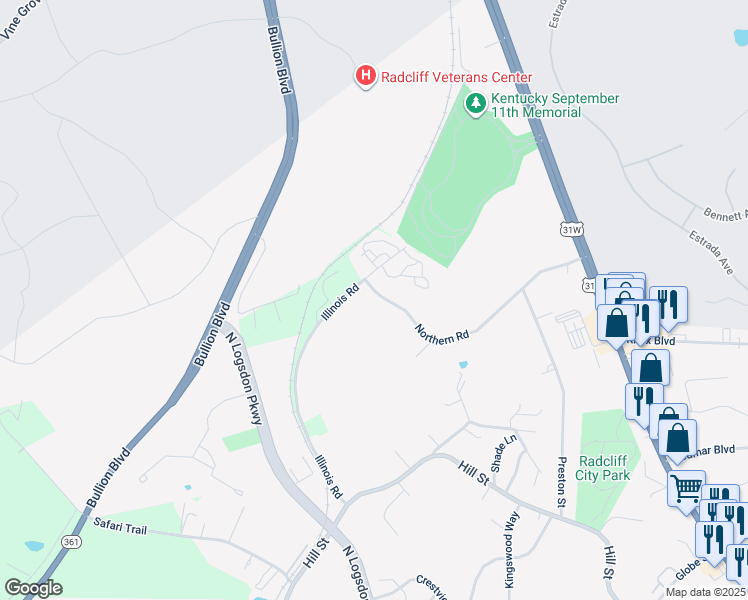 map of restaurants, bars, coffee shops, grocery stores, and more near 2636 Northern Road in Radcliff