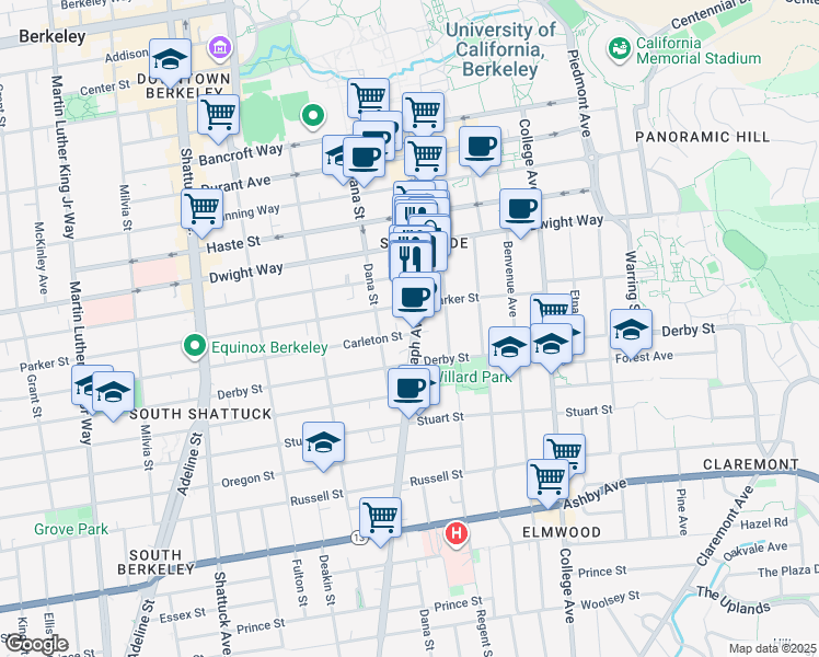 map of restaurants, bars, coffee shops, grocery stores, and more near 2616 Telegraph Avenue in Berkeley