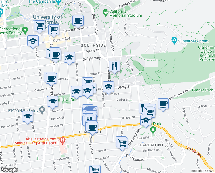 map of restaurants, bars, coffee shops, grocery stores, and more near 2630 Warring Street in Berkeley