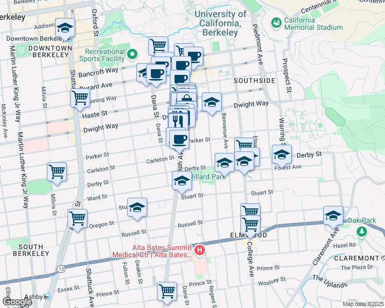 map of restaurants, bars, coffee shops, grocery stores, and more near 2607 Regent Street in Berkeley