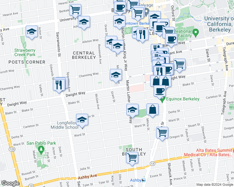 map of restaurants, bars, coffee shops, grocery stores, and more near 1804 Dwight Way in Berkeley