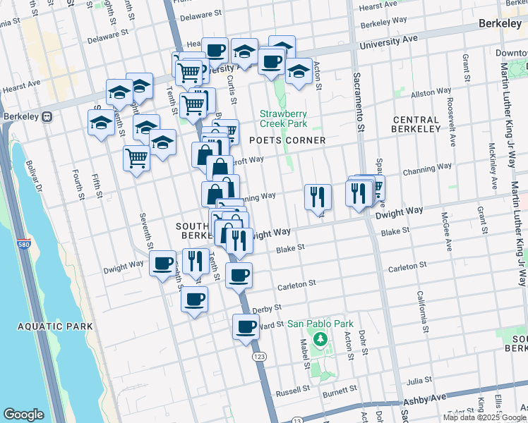 map of restaurants, bars, coffee shops, grocery stores, and more near 1216 Channing Way in Berkeley