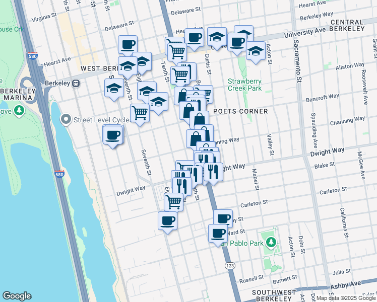 map of restaurants, bars, coffee shops, grocery stores, and more near 2396 San Pablo Avenue in Berkeley