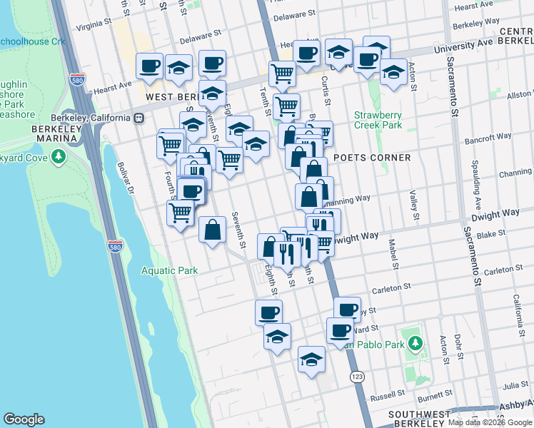 map of restaurants, bars, coffee shops, grocery stores, and more near 2323 Eighth Street in Berkeley