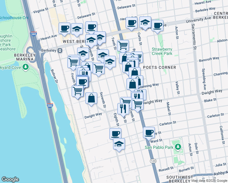 map of restaurants, bars, coffee shops, grocery stores, and more near 2323 Eighth Street in Berkeley