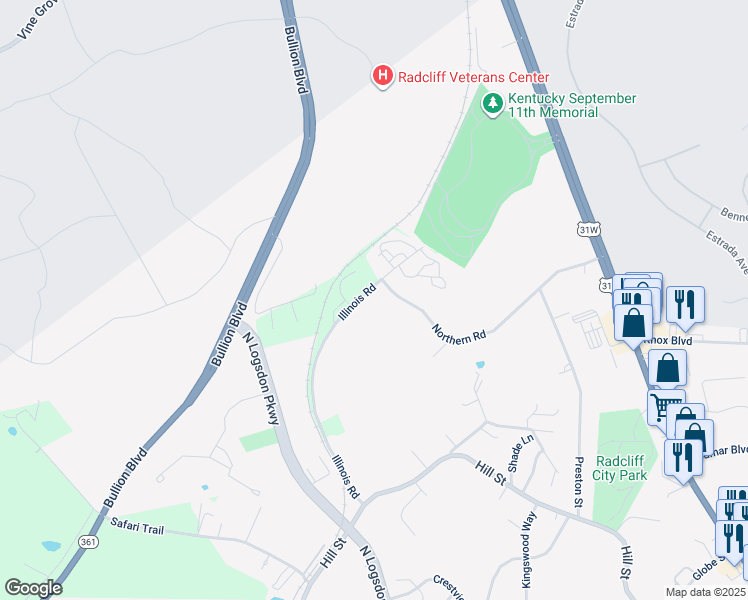 map of restaurants, bars, coffee shops, grocery stores, and more near 2636 Northern Road in Radcliff