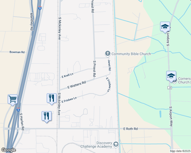 map of restaurants, bars, coffee shops, grocery stores, and more near 10544 South Priest Road in French Camp