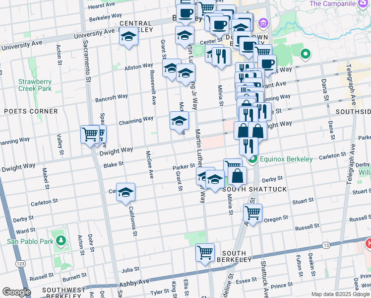 map of restaurants, bars, coffee shops, grocery stores, and more near 1821 Blake Street in Berkeley